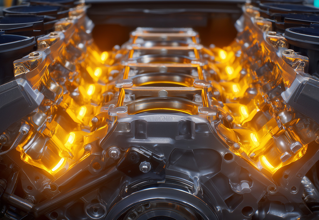 An image of the inside of an engine with glowing lights
