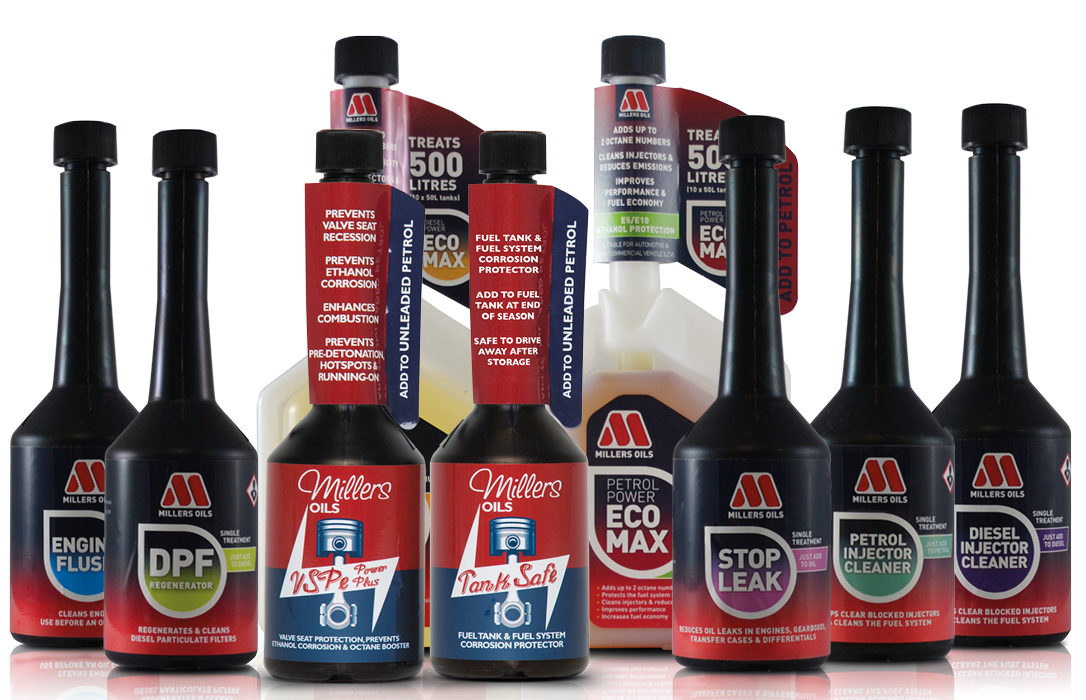 Lineup of Millers Oils treatments including Engine flush, DPF regenerator, VSPe, Tank safe, ECOMAX, Stop leak and injector cleaners