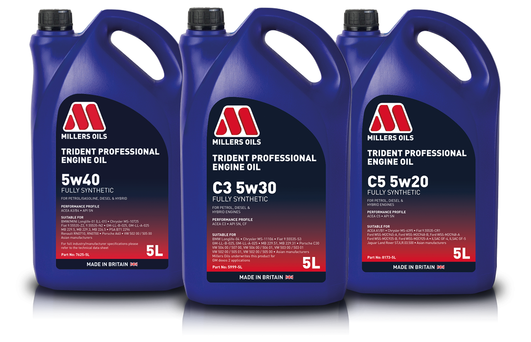3 Trident Professional engine oil product packshots - 5w40, C3 5w30, C5 5w20