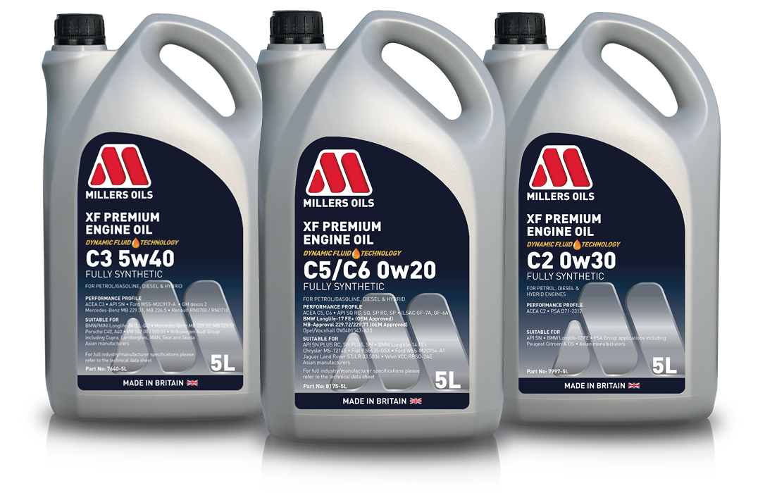 3 XF Premium engine oil product packshots - C3 5w40, C5/C6 0w20, C52 0w30
