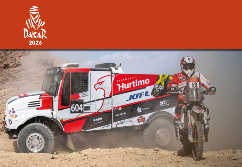 Image of Dakar Rally truck and motorcycle with the Dakar Rally Logo at the top
