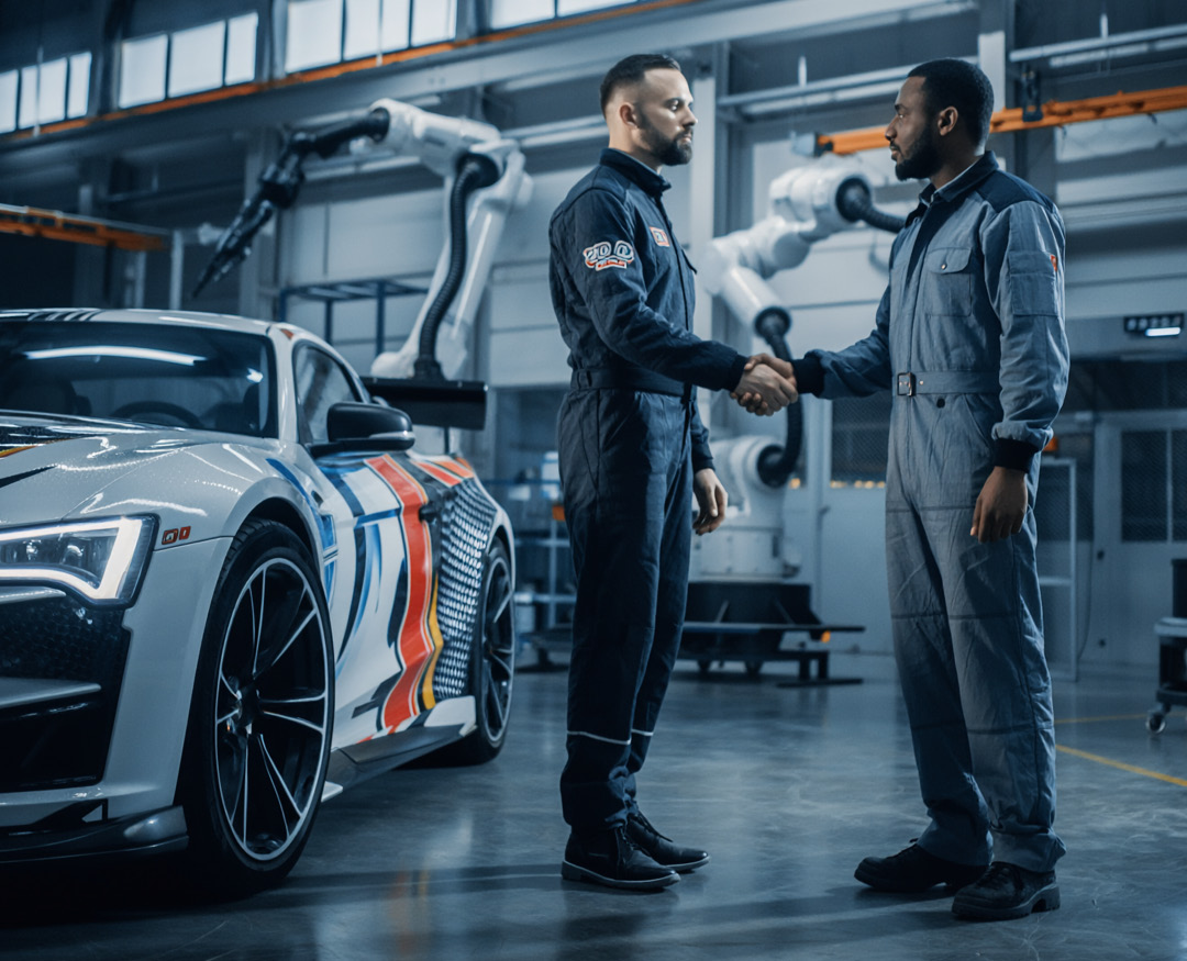 photo of 2 men shaking hands, one wearing a race suit and stood in front of his race car, and one wearing factory overalls and stood in front of 2 robotic machinery arms