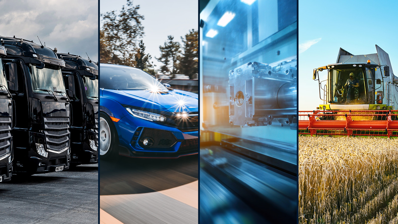 4 images in a row featuring a row of lorries, a blue car driving, a machine running, and a combine harvester