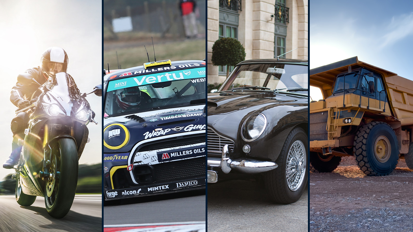 4 images in a row of a man on a motorcycle, Albert Webster's MINI CHALLENGE mini, a classic car, and a truck