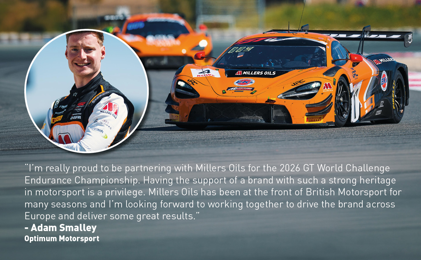 Photo of Adam Smalley, his 2026 McLaren and a supporting quote from him